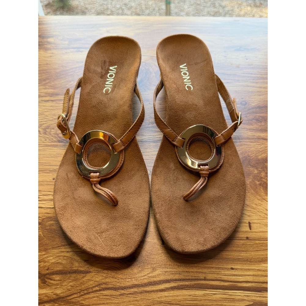 Vionic Tan Orchid Suede Wedge Thong Sandals with Gold Ring Detail Sz 9.5 NWOTS